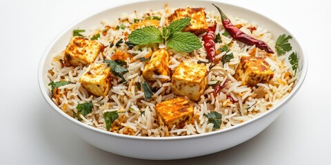 Vegetarian paneer biryani in a white bowl with basmati rice green mint leaves red chilies and cilantro on a white background showcasing vibrant flavors