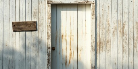 Rustic white paneled door with distressed vintage sign for powder room featuring weathered textures and soft natural light against wood backdrop