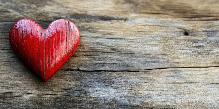 Red wooden heart on rustic wood surface with natural texture; ample space on right for text or design elements. Romantic theme for Valentine's Day.