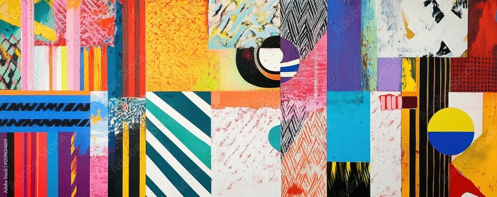 Poster abstract composition of colorful stripes and geometric patterns.