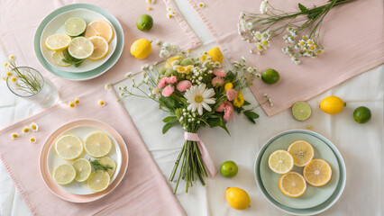 Citrus and floral spring table setting for seasonal inspiration, event planning, and home decor styling.