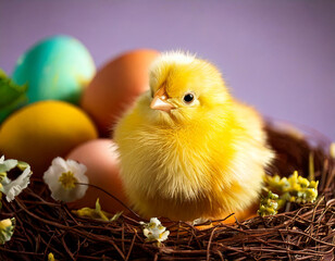 easter chick on a grass with decorations