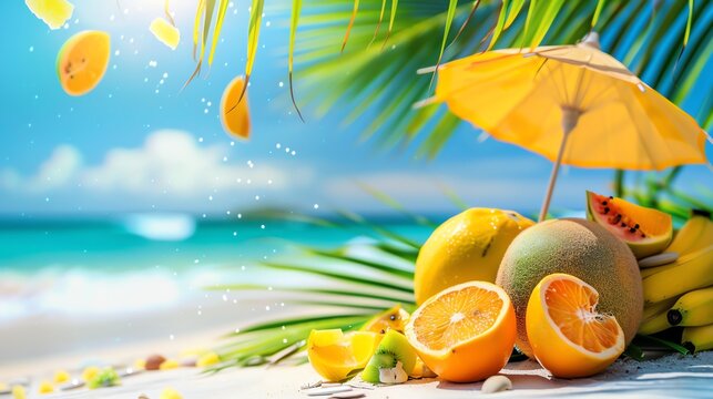 A variety of tropical fruits on a beach with a yellow umbrella.