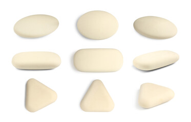 Many different erasers isolated on white, set