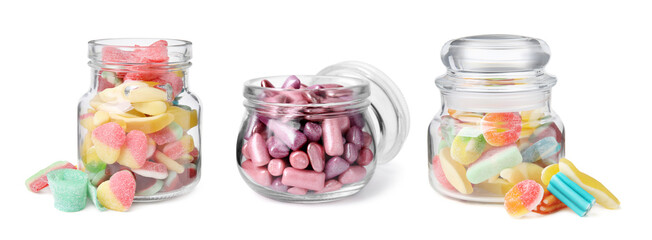 Different yummy candies in glass jars isolated on white, collage