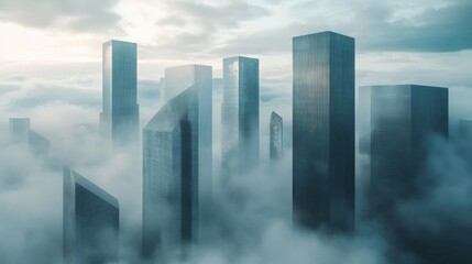 Skyscrapers emerging from a sea of clouds at sunrise.