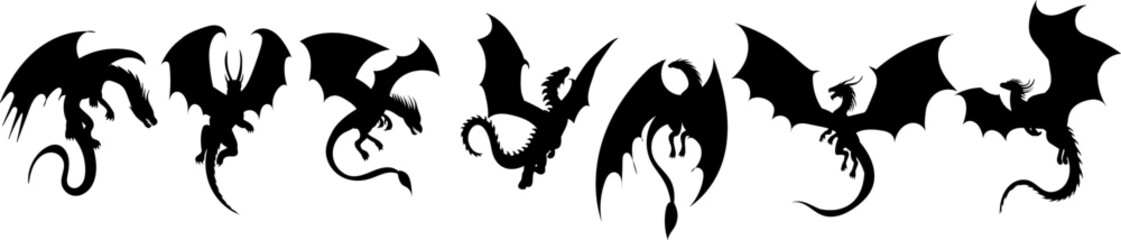 dragons flying set silhouette on white background vector