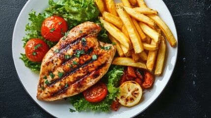Grilled Chicken Breast Served on a White Plate with Crispy French Fries and Fresh Vegetables Including Tomatoes and Lettuce on a Dark Background