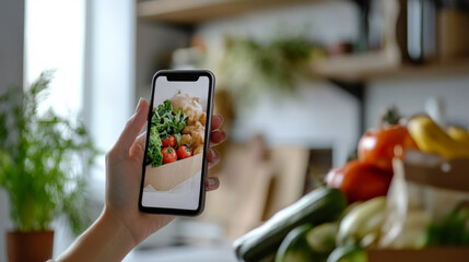 Receiving food delivery notification on smartphone while preparing healthy meal at home
