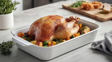 Golden brown roasted chicken served atop vibrant mixed vegetables in a white ceramic dish, garnished with fresh herbs, on a light gray marble countertop.