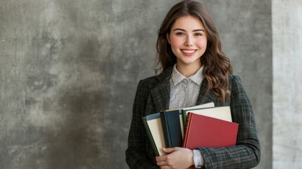 A cheerful young woman in a formal student outfit, holding textbooks 