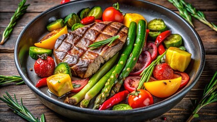 Delicious Grilled Steak with Roasted Vegetables in Stylish Bowl - Contemporary Restaurant Food Photography