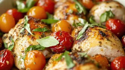 Succulent roasted chicken served with vibrant cherry tomatoes and a fresh herb garnish in a close-up composition on a rustic wooden background.