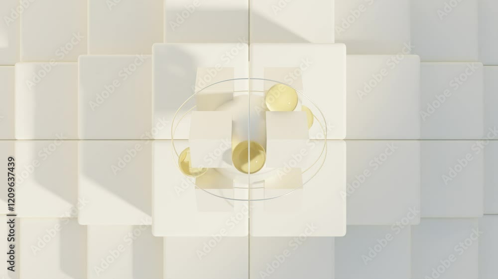 Poster abstract pale yellow 3d animation with geometric spheres in looping motion for minimalist design and
