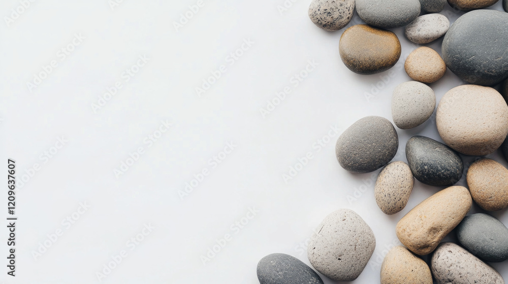 Poster collection of smooth pebbles resting on a white background with varied textures and hues