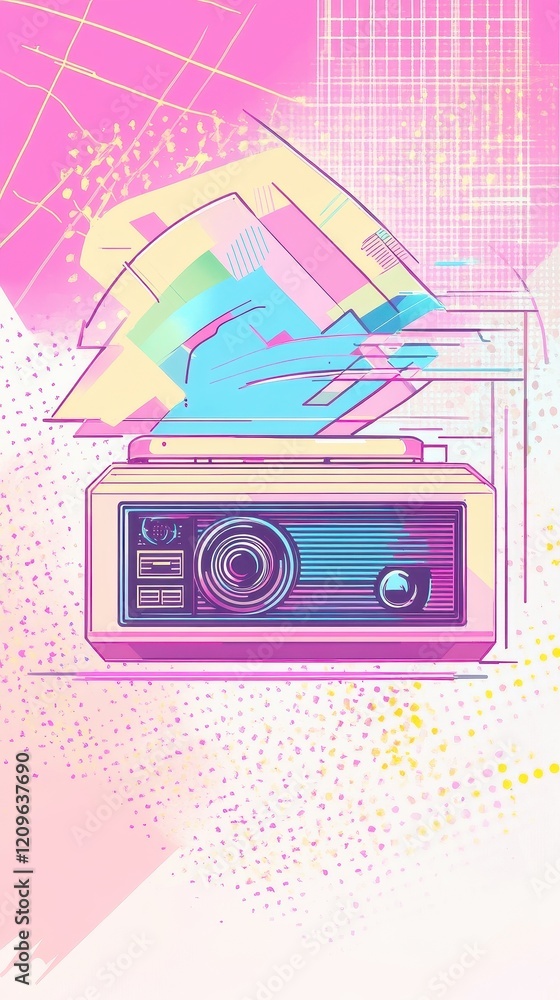 Poster retro radio with abstract geometric background design