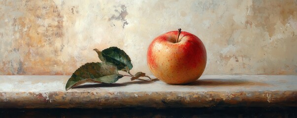 A classic still life featuring a single, perfectly imperfect apple, its blemishes adding to its unique beauty, symbolizing the imperfection and authenticity of life.