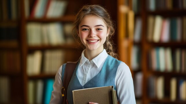 A joyful young woman in a neat student uniform, holding study materials, smiling warmly at the camera