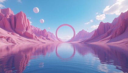  Fantasy lake with pink mountains and bright blue sky