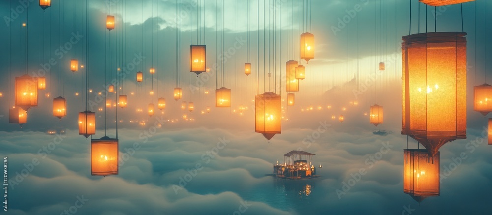 Poster magical floating lanterns above clouds.