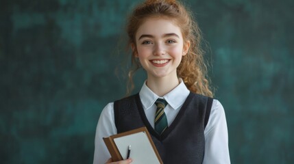 A smiling young white woman in a student uniform, holding a pen and notebook, looking ready to learn