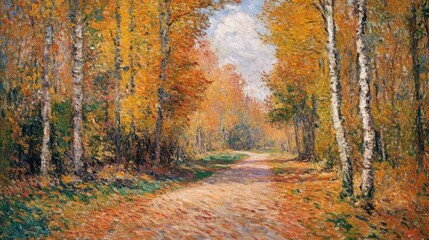 Obraz premium Serene Autumn Pathway Through Vibrant Orange and Yellow Foliage Under Blue Sky in Impressionist Style Landscape.
