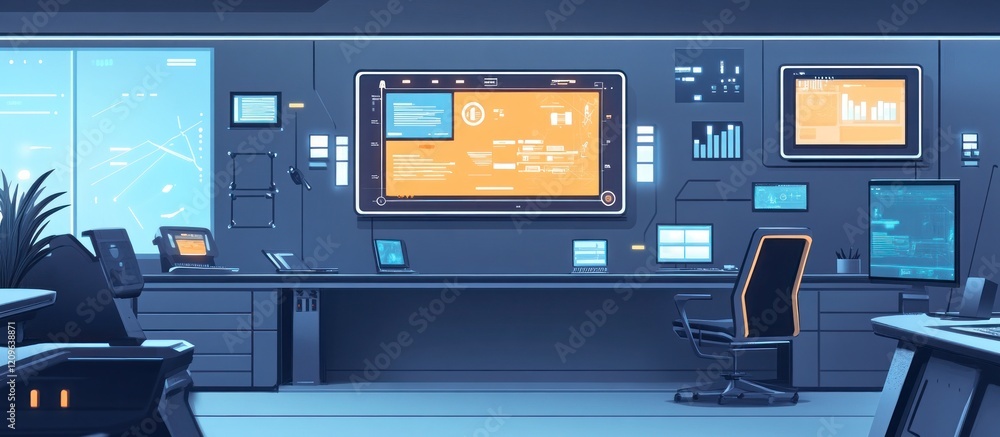 Poster futuristic office interior with high-tech monitors displaying data and charts.