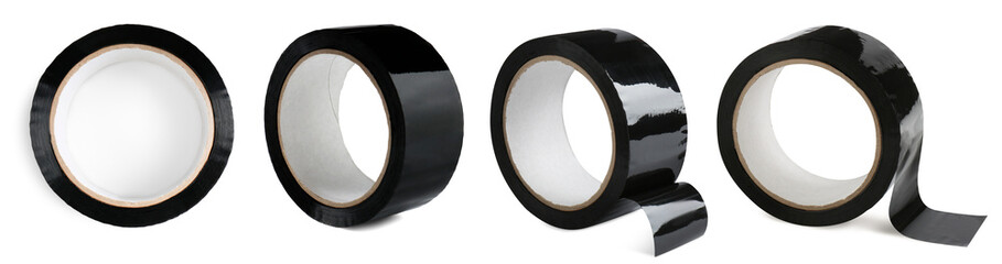 Black adhesive tape, set. Rolls isolated on white