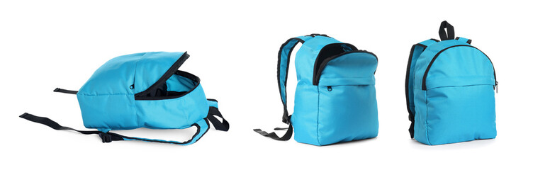 Light blue backpack isolated on white, collage. Different sides