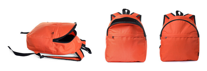 Orange backpack isolated on white, collage. Different sides