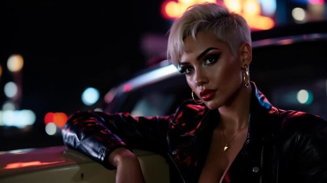 A stylish woman with a short, platinum blonde pixie cut and bold makeup 