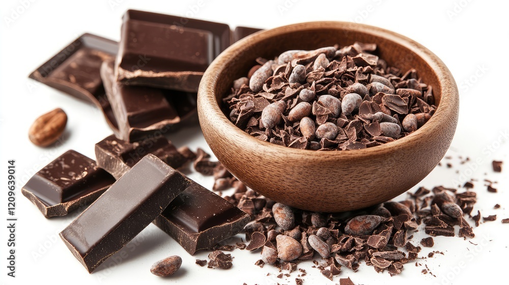 Poster rich dark chocolate bars and cocoa nibs in a polished wooden bowl with roasted cocoa beans arranged 