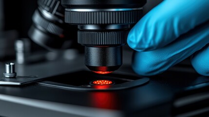 Close-up view of microscope eyepiece and hand positioning slide for examination