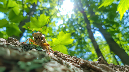 Close-Up of a Grasshopper on Tree Bark with Lush Green Foliage and Sunlight Filtering Through Leaves in a Vibrant Forest Environment