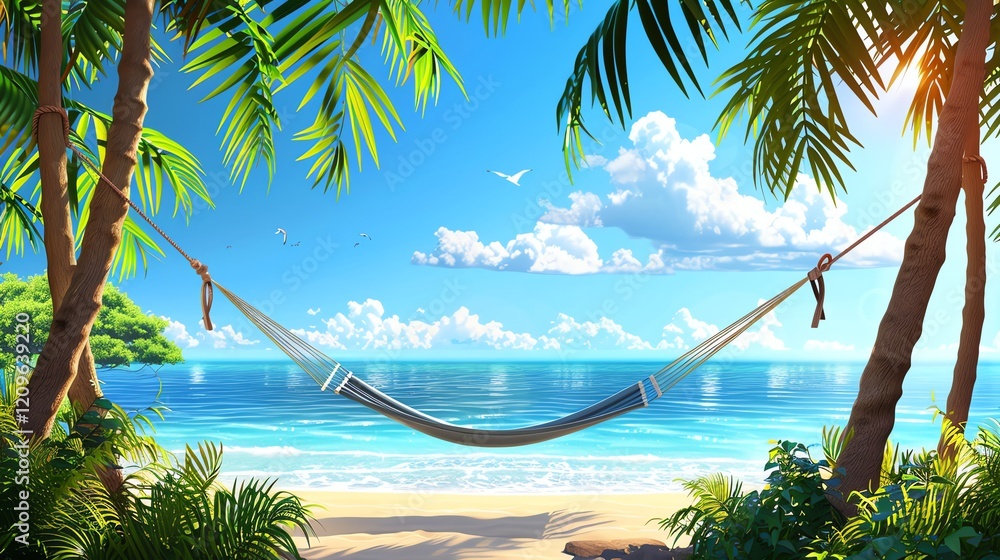 Poster a hammock strung between two palm trees on a tropical beach with a view of the ocean.