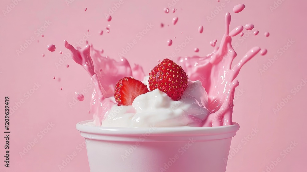 Poster ripe strawberries splashing into creamy yogurt against a vibrant pink background creating a refreshi