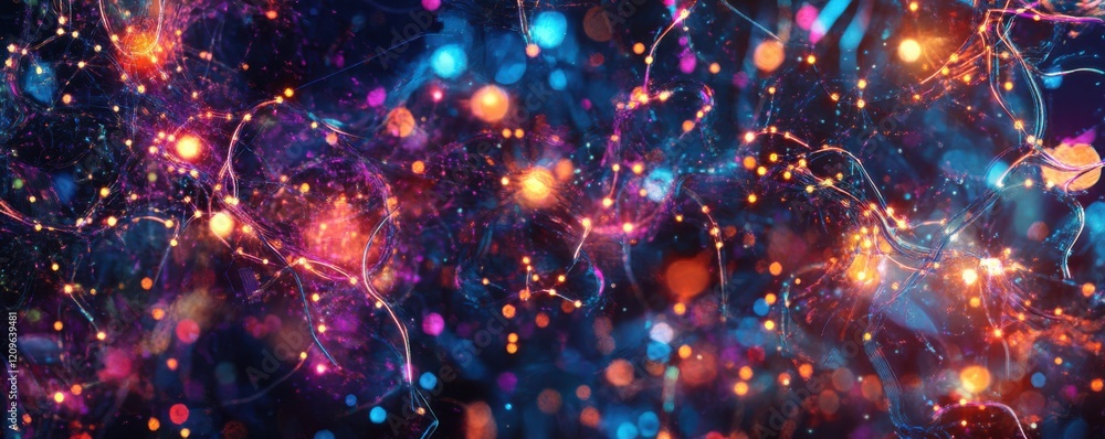 Poster abstract digital composition of glowing circuits and nodes, tech innovation.