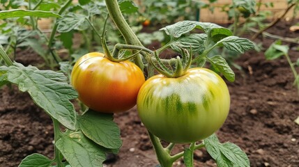 Ripe tomatoes on a vine in a lush garden showcasing vibrant colors and healthy growth amid lush green foliage