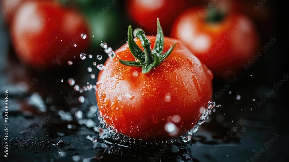 Poster fresh ripe tomatoes splashing in water creating a dynamic visual on a dark background emphasizing he