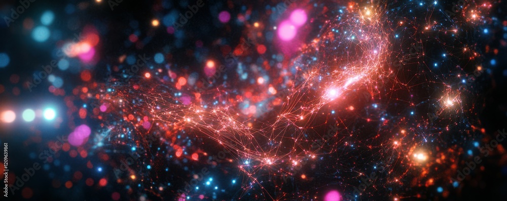 Poster abstract digital composition of glowing circuits and nodes, tech innovation.