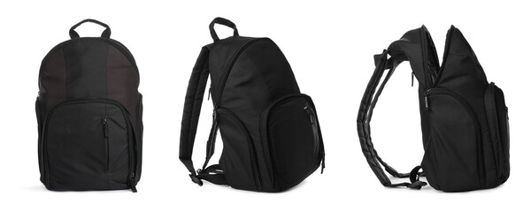 Black backpack isolated on white, collage. Different sides