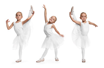Naklejka premium Small ballerina on white background, collage of photos