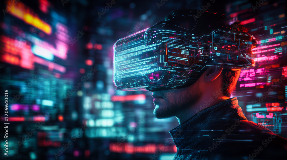 Poster a cyberpunk hacker in a virtual reality setting