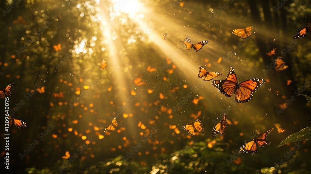 Poster sunbeams illuminate a swarm of butterflies in a forest.