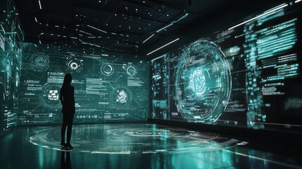Woman in a Futuristic Data Center, Immersed in a Digital World