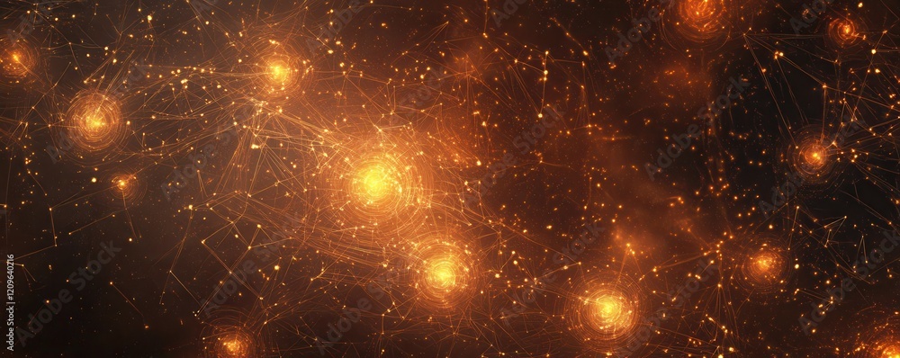 Poster abstract digital composition of glowing circuits and nodes, tech innovation.