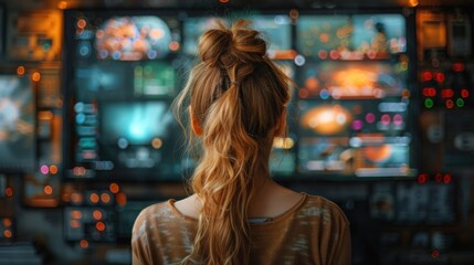 Obraz premium Caucasian Woman Connecting To Animated Stream of Content. Browsing Multimedia all-in-one Entertainment, Messaging, TV, Videos, Emoji, Sharing, Video Game Playing, Fintech, Online Shopping.