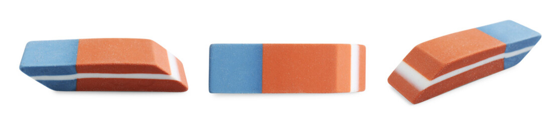 Eraser isolated on white, collage. Different sides