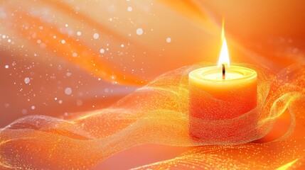 Burning Candle Wrapped In Orange Fabric And Soft Lights