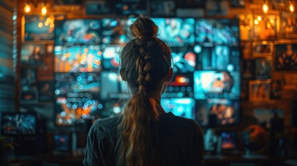 Obraz premium Caucasian Woman Connecting To Animated Stream of Content. Browsing Multimedia all-in-one Entertainment, Messaging, TV, Videos, Emoji, Sharing, Video Game Playing, Fintech, Online Shopping.